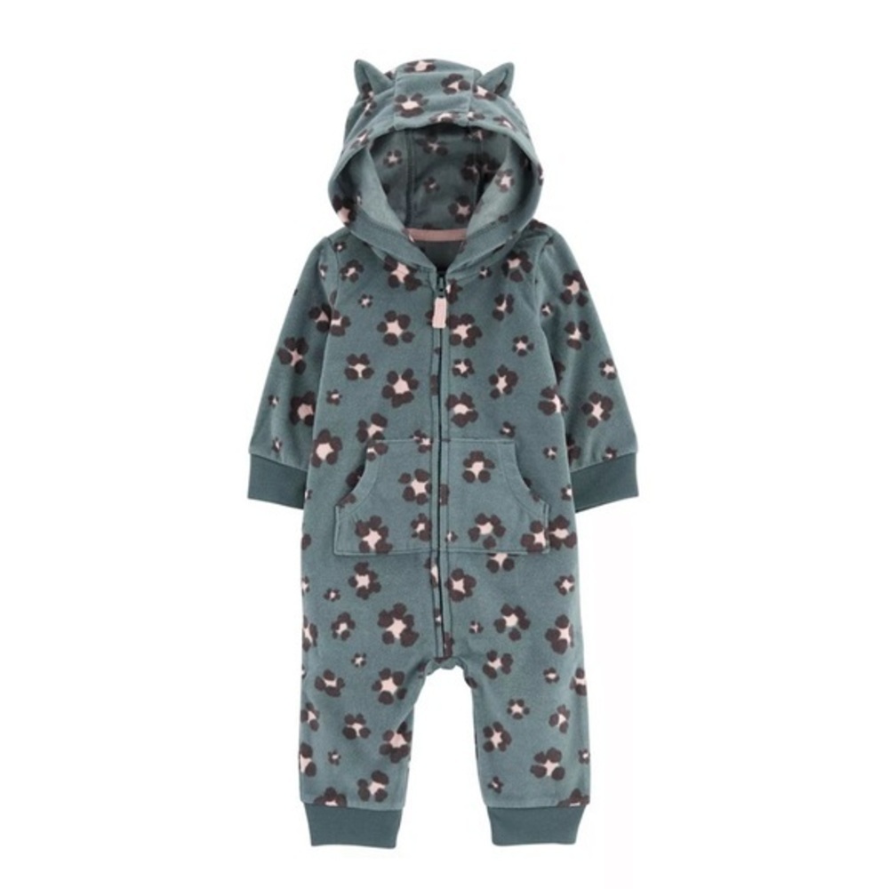 Baby Girl Carter's Leopard Fleece Long Sleeve Hooded Romper bunting 6m onesie